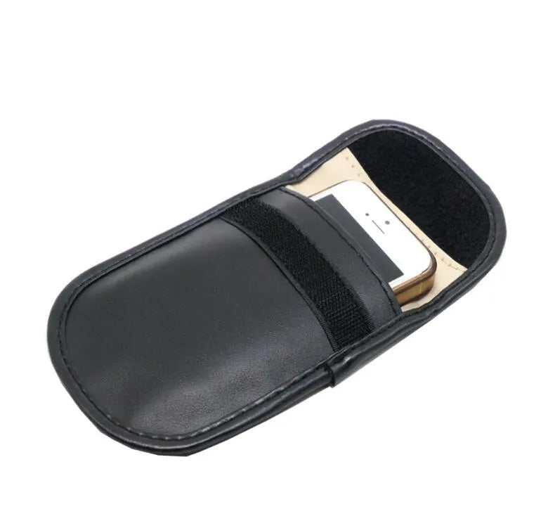 Black microfiber faraday cage signal blocking pouch for car keys and cards measuring 13.5 by 9.5 cm