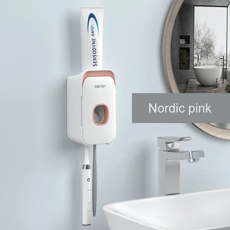 Wall-mounted automatic toothpaste dispenser in blue colour with touch sensor.