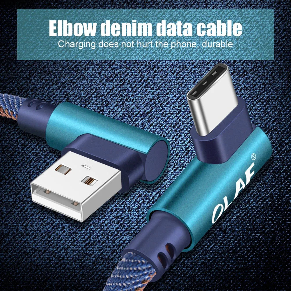 Denim fabric USB fast charging cable with aluminium connectors in black, blue, or red colours