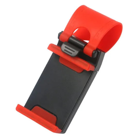 Universal black car steering wheel clip mount holder attached to a steering wheel, holding a mobile phone.