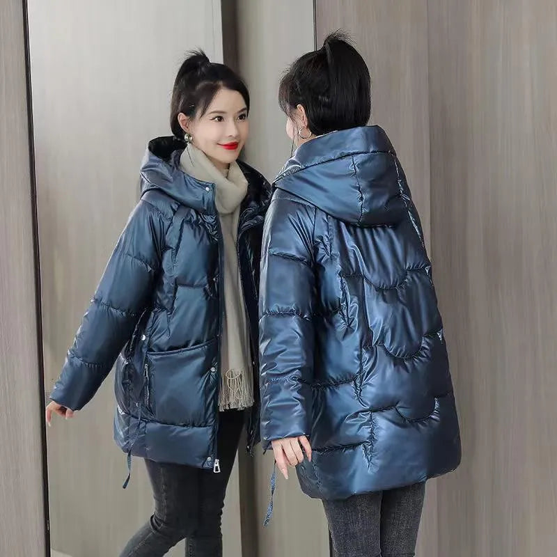 Loose fit women's winter hooded jacket in black, blue, champagne or green colour