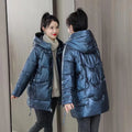 Loose fit women's winter hooded jacket in black, blue, champagne or green colour