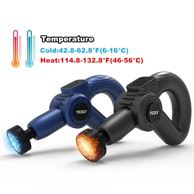 Black smart muscle massage gun with multiple attachable heads on a table