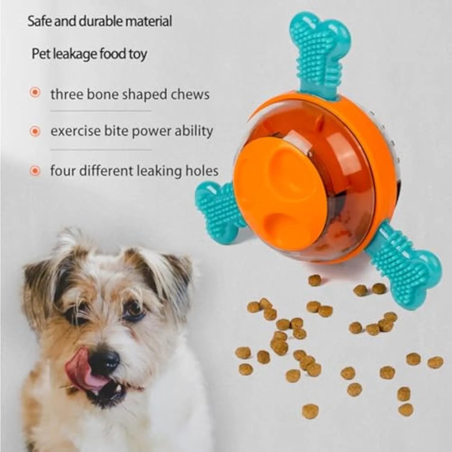 Blue rubber dog slow feeder toy with bone design for treat dispensing and mental stimulation