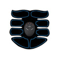 Abdominal muscle patch showing six electrode areas and digital display with charging port