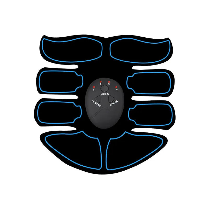 Abdominal muscle patch showing six electrode areas and digital display with charging port