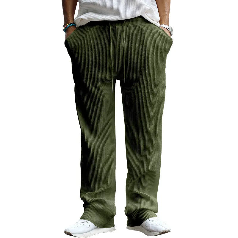 Men's casual loose straight leg trousers in polyester with micro elasticity, shown in army green colour