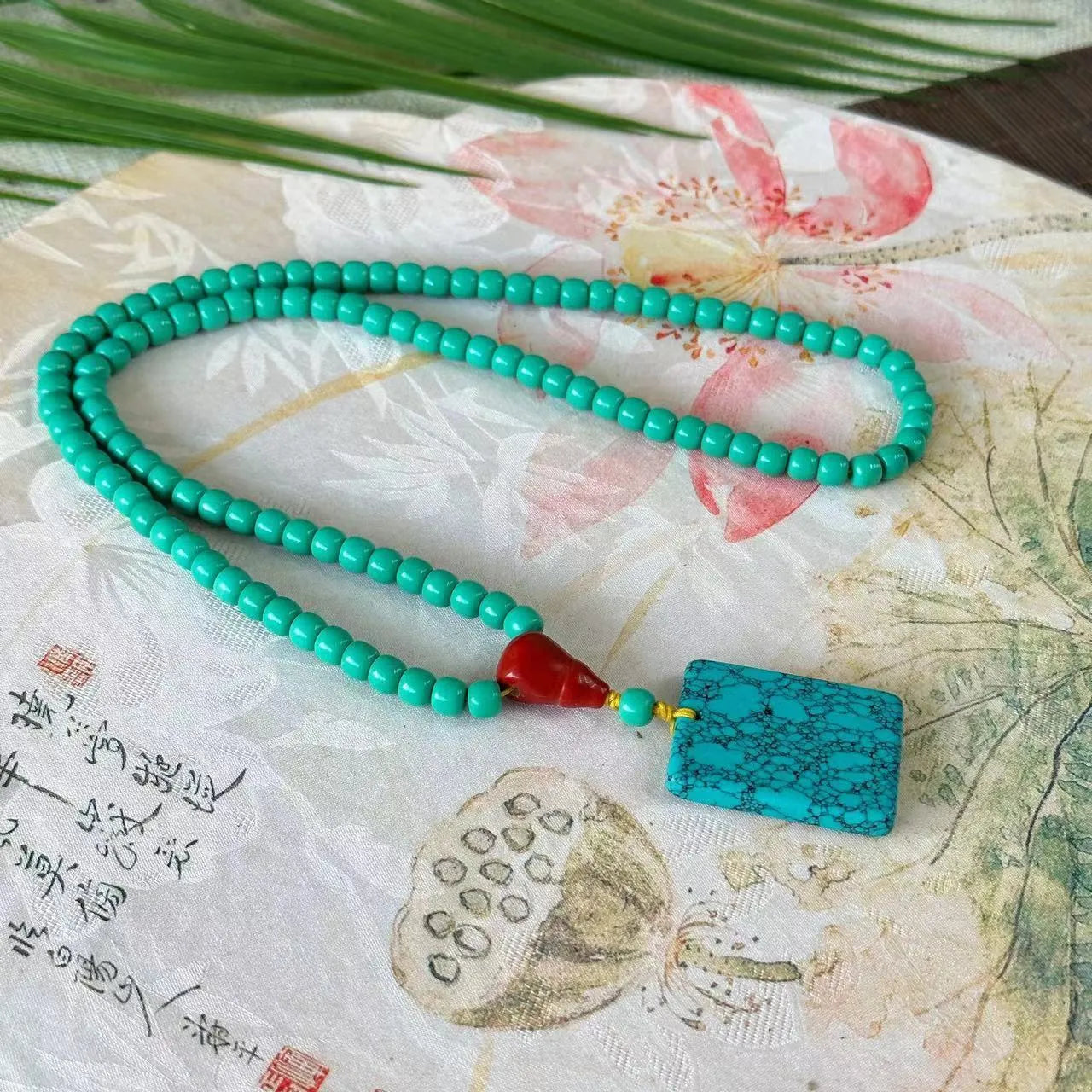 Turquoise stone mesh flower lucky pendant necklace with ball bead chain, adjustable 71-80cm length
