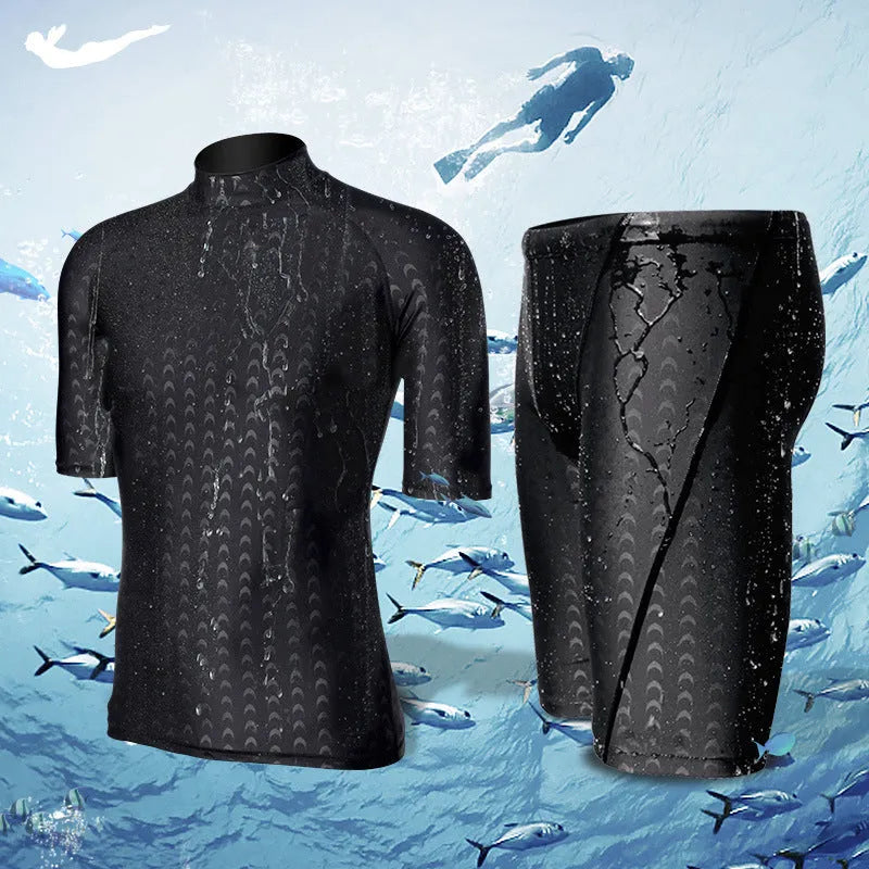 Men's black leopard print quick-drying split swimsuit top for snorkelling and swimming