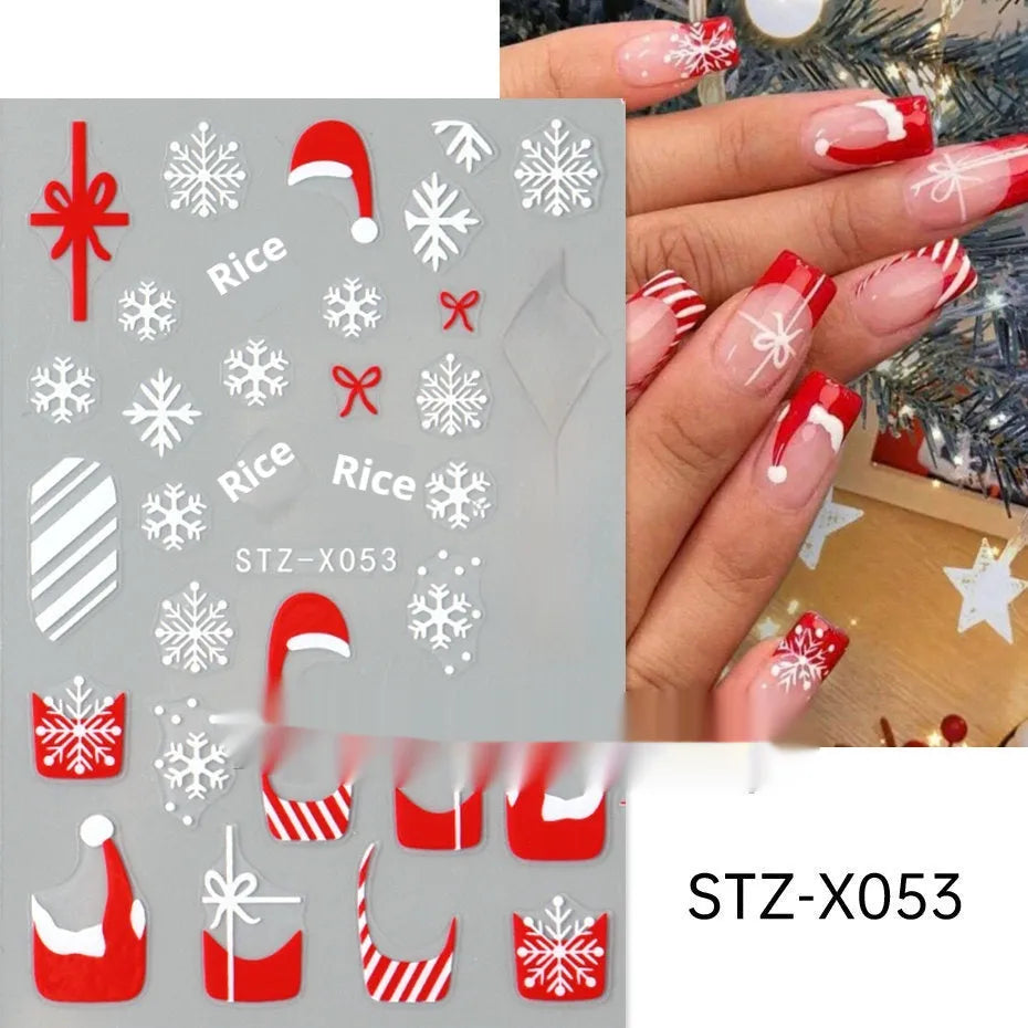 Close-up of a cartoon-style nail sticker with black and silver strips and a love pattern design on a fingernail.