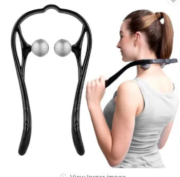 Blue plastic hand-held neck massager with adjustable rollers on a flexible stand.