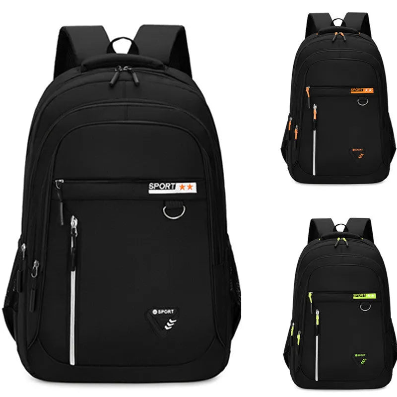 Men's Oxford cloth schoolbag showing air pillow belt system and 20-35 litre capacity