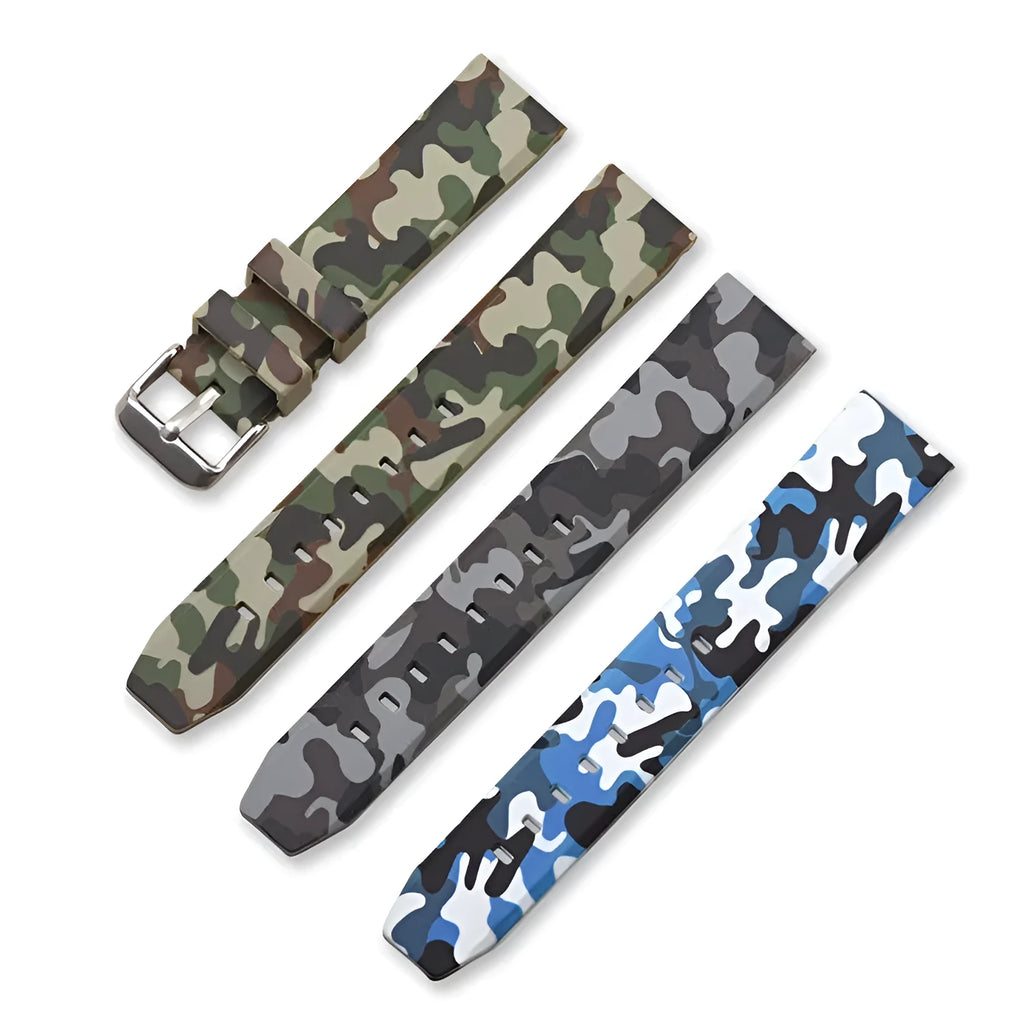 Green camouflage silicone watch strap showing adjustable buckle and 20mm width.