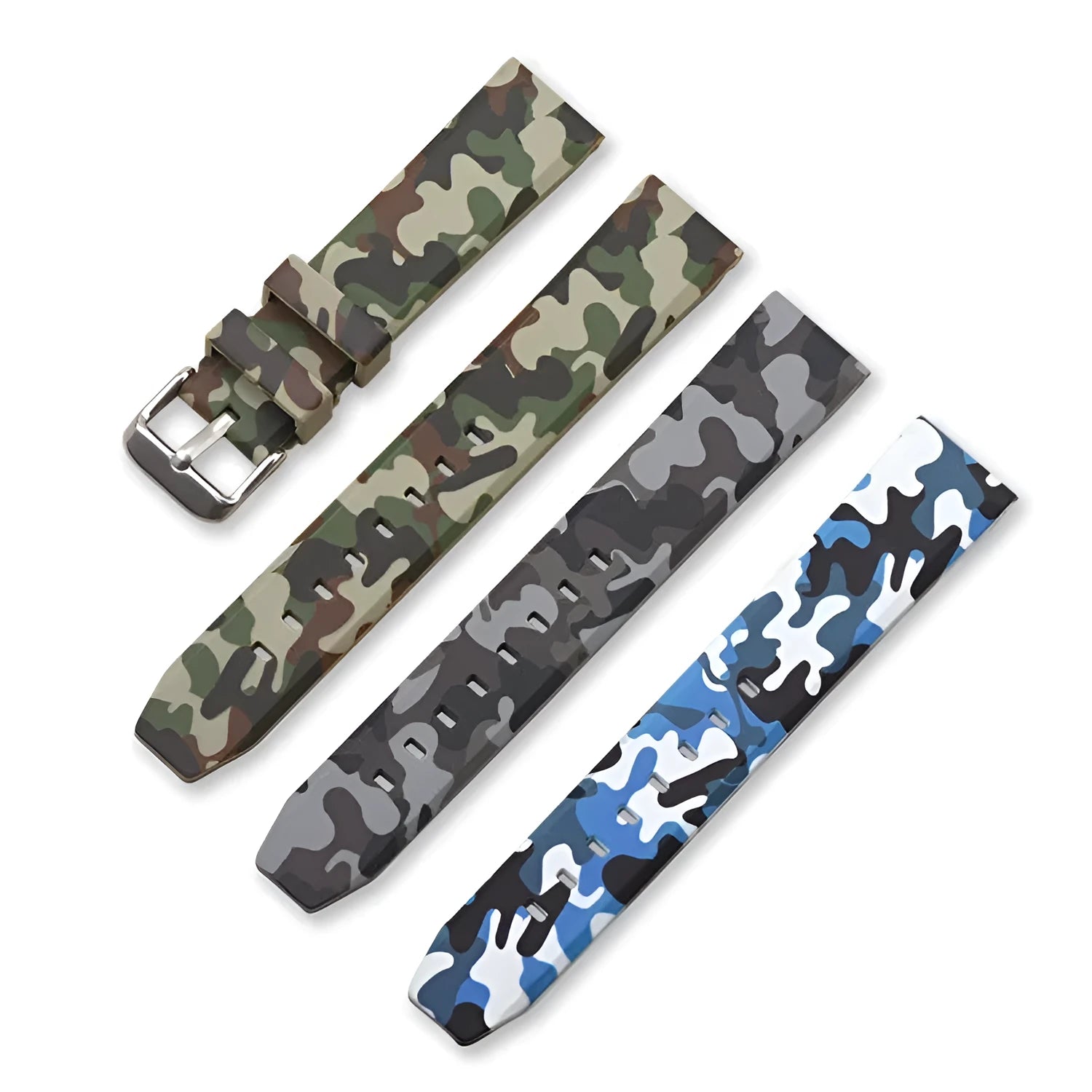 Green camouflage silicone watch strap showing adjustable buckle and 20mm width.