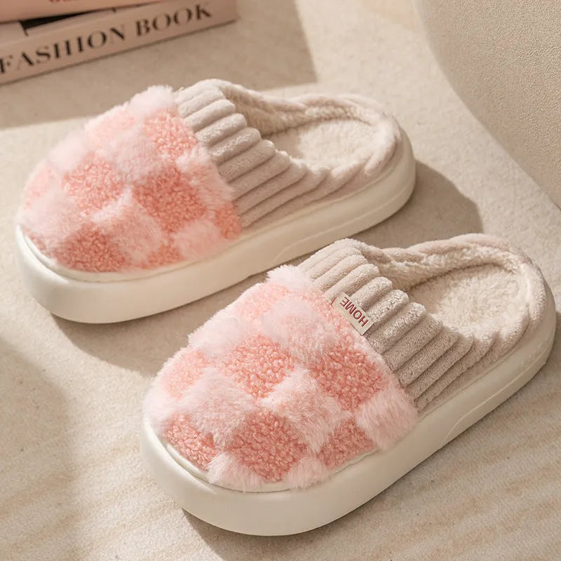 Women's plaid patterned plush slippers with polar fleece upper and non-slip PVC sole in coffee colour
