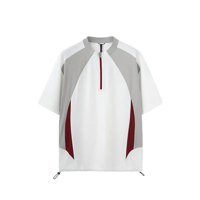 Men's solid colour lightweight polyester top with stitching detail, shown in black and beige for both long and short sleeves.