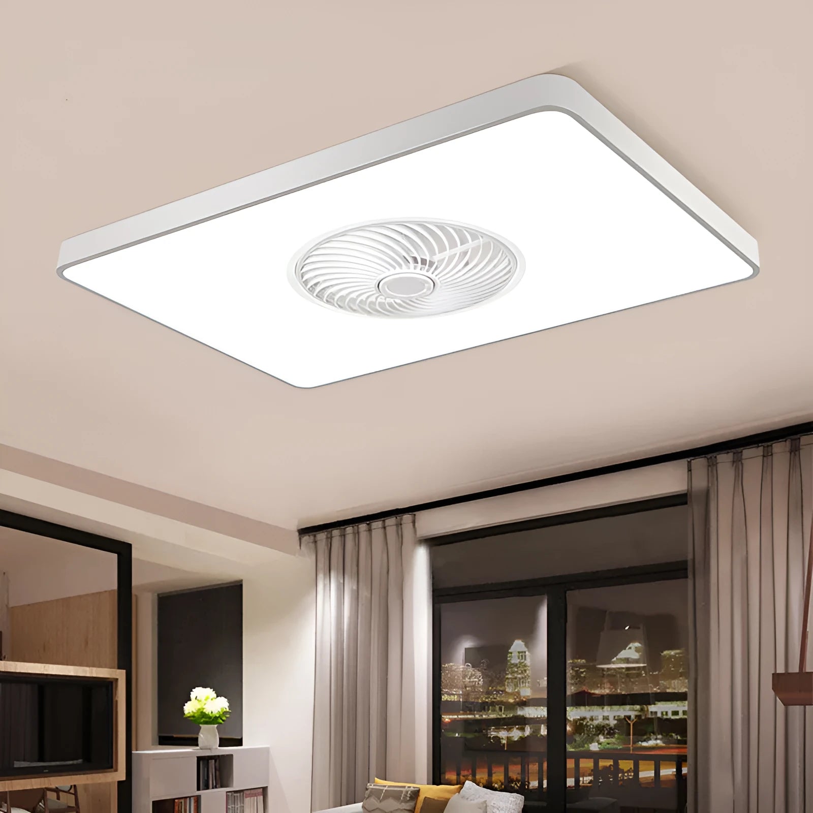 Nordic-style ceiling fan light fixture with a solid wood frame and white PVC lampshade.