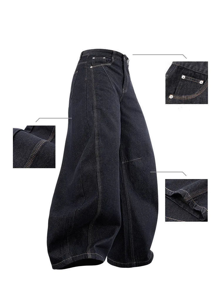 Men's wide leg denim trousers in original cow colour with mid-rise waist and loose casual fit