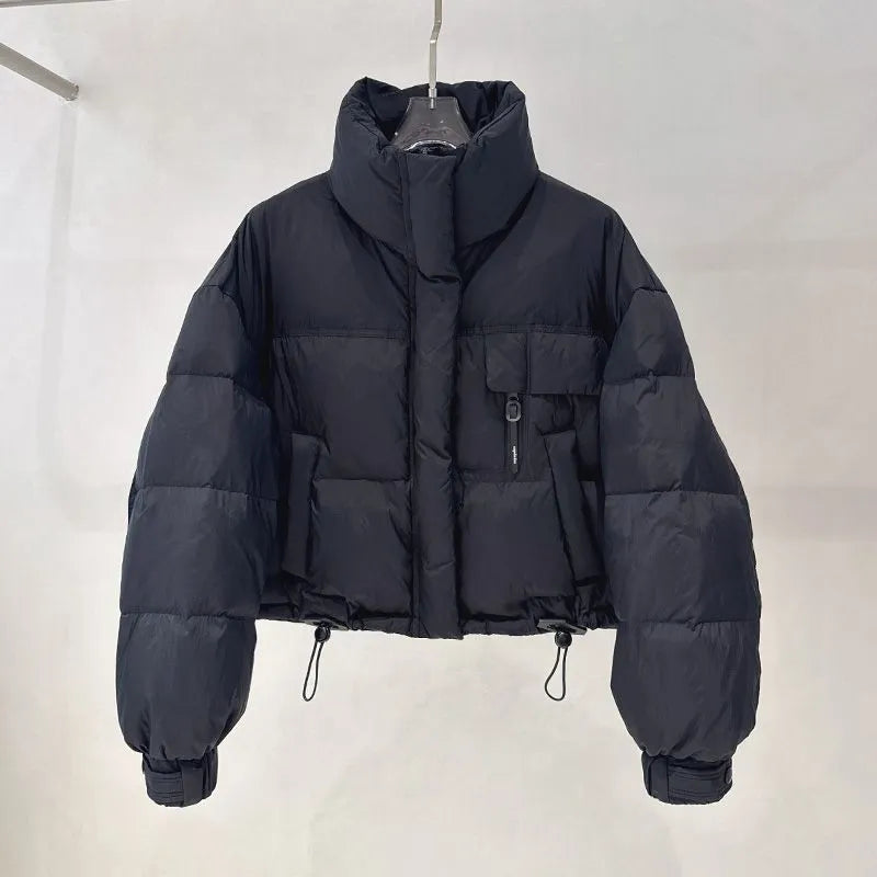 Korean-style stand collar short puffer jacket in yellow with princess sleeves and chenille fabric