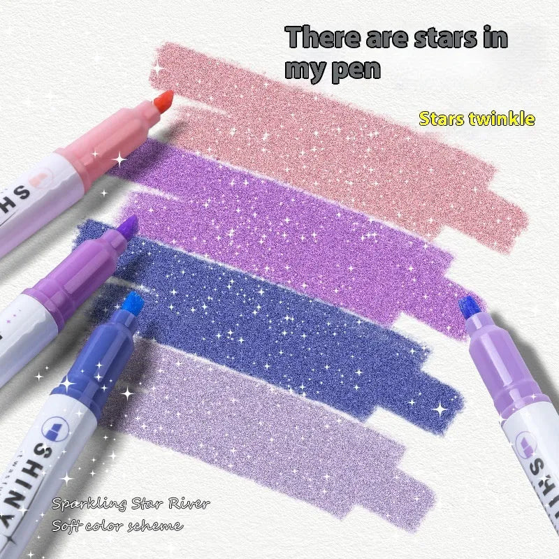Sparkling Star River set of four glitter highlighter pens in assorted pastel colours with slanted tips.