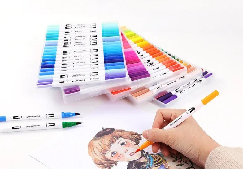 Set of watercolour brush pens with plastic barrels in a case, showing multiple colour options for art and promotion.