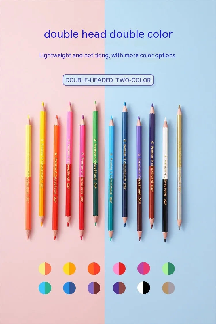 Set of wooden double-headed colour pencils showing both pencil tip and brush tip, arranged in a case.