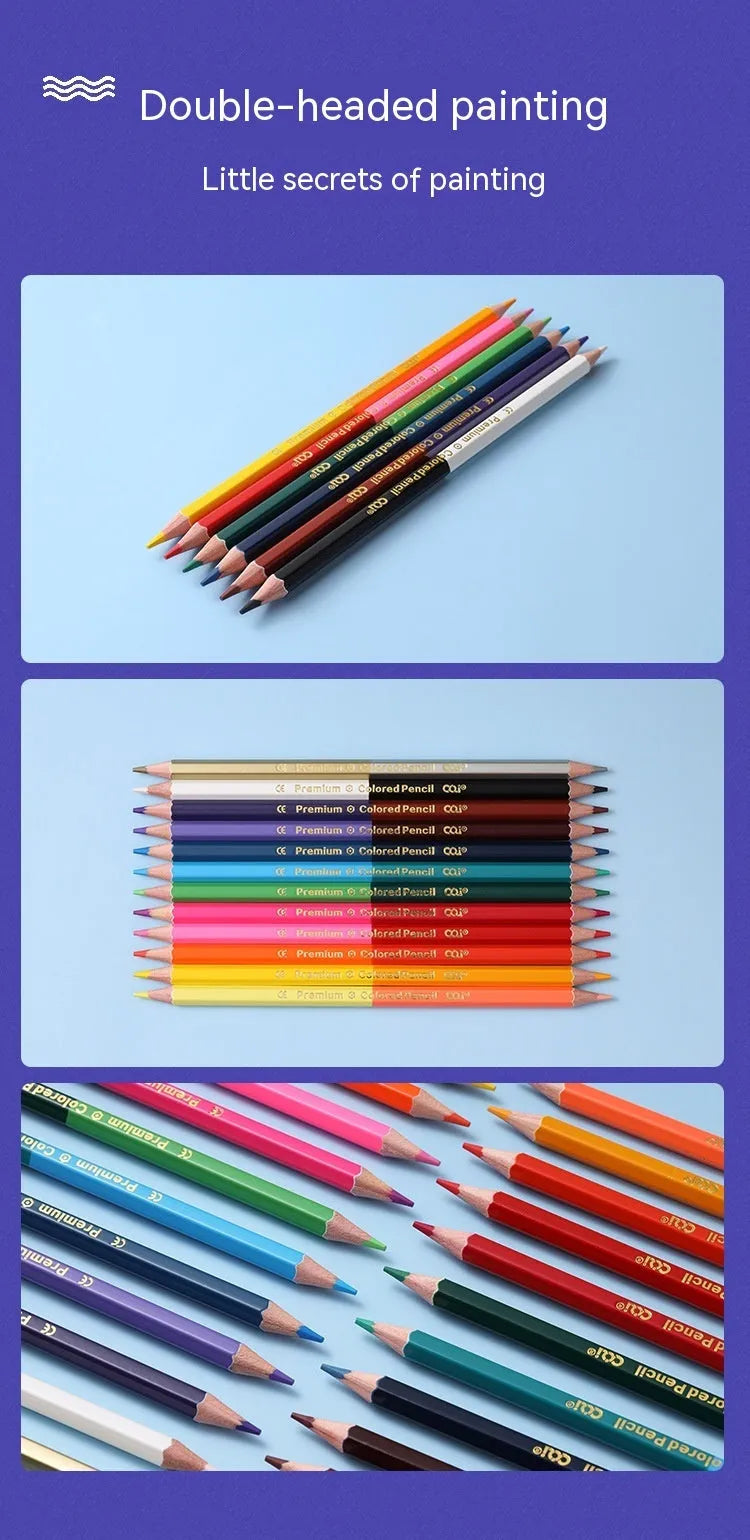 Set of wooden double-headed colour pencils showing both pencil tip and brush tip, arranged in a case.