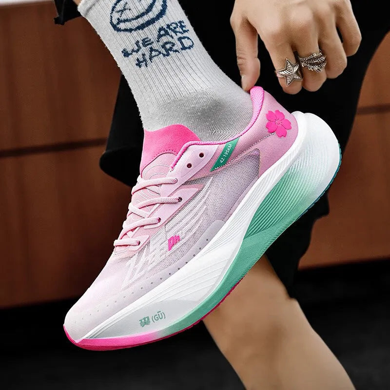 Low-top racing sneaker with carbon plate on a natural rubber sole, shown in glacier colour.