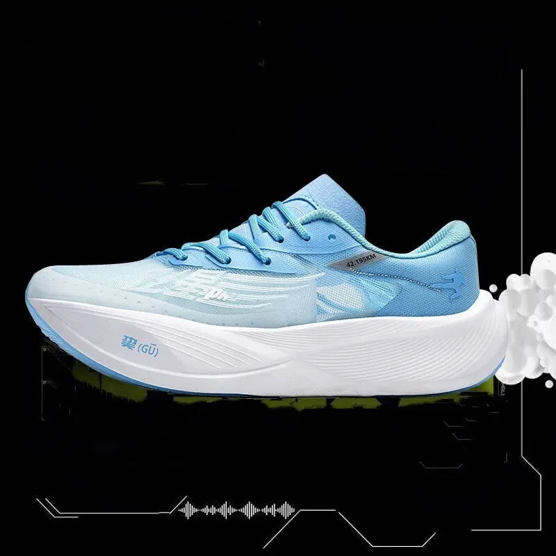 Low-top racing sneaker with carbon plate on a natural rubber sole, shown in glacier colour.