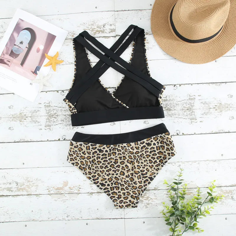 Leopard print bikini swimsuit with V-neck design and cross banded detailing for women