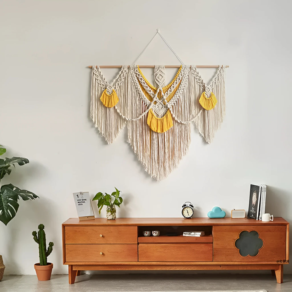 Hand-woven cotton Nordic tapestry 120x95cm creamy white with yellow woven accents