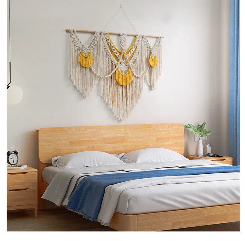 Hand-woven cotton Nordic tapestry 120x95cm creamy white with yellow woven accents