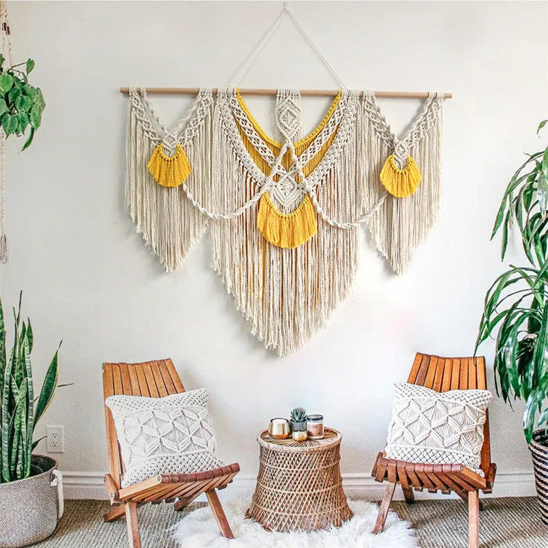Hand-woven cotton Nordic tapestry 120x95cm creamy white with yellow woven accents