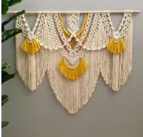 Hand-woven cotton Nordic tapestry 120x95cm creamy white with yellow woven accents
