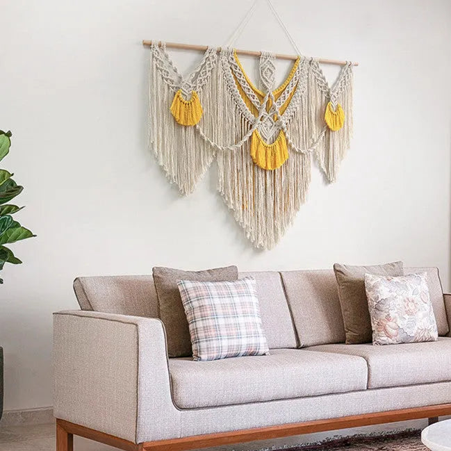 Hand-woven cotton Nordic tapestry 120x95cm creamy white with yellow woven accents