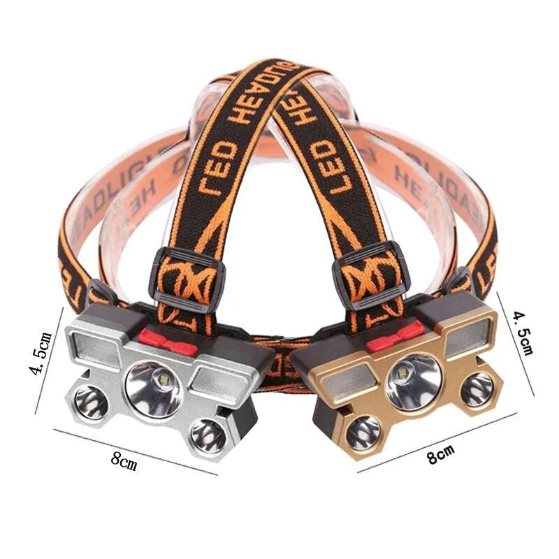 10W LED miner's headlamp with head strap, shown with data cable and storage box.