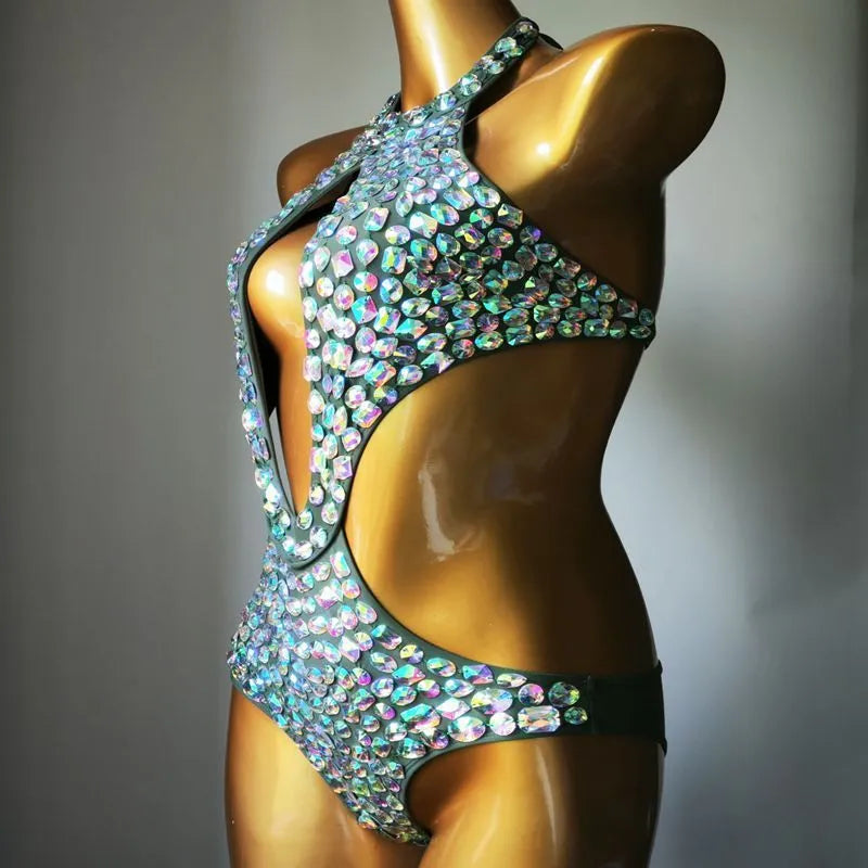 Women's black one-piece swimsuit with diamond mesh pattern and polyester lining