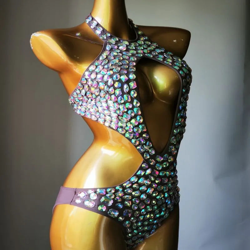 Women's black one-piece swimsuit with diamond mesh pattern and polyester lining