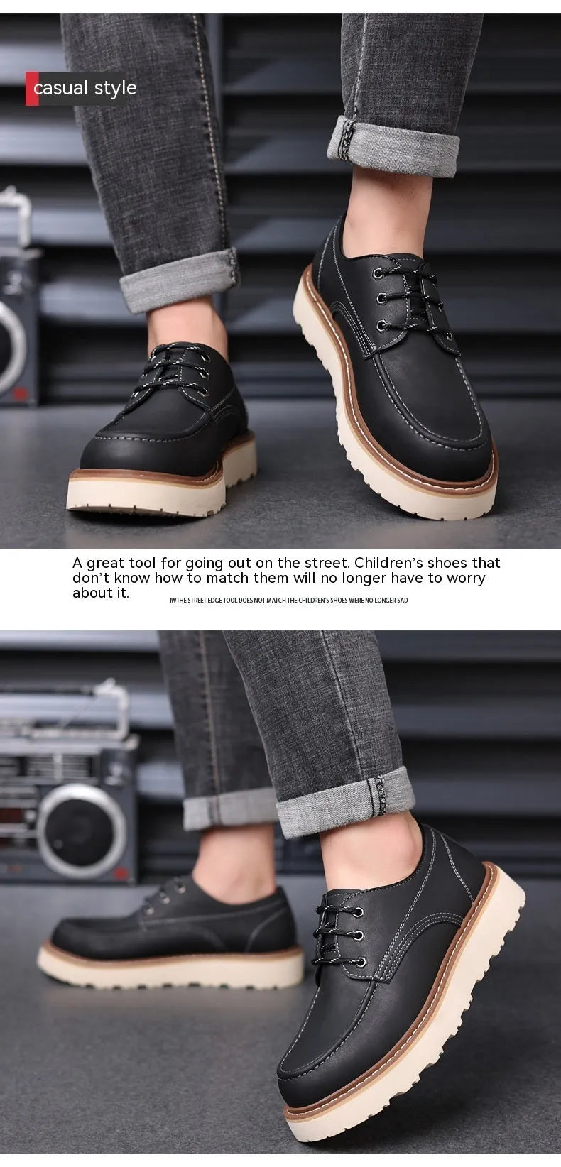 Men's black low-top Martin boots with round toe and rubber sole on a white background.