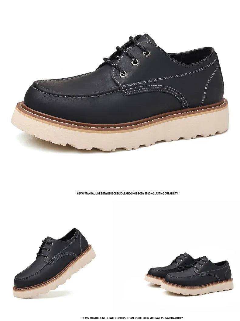 Men's black low-top Martin boots with round toe and rubber sole on a white background.