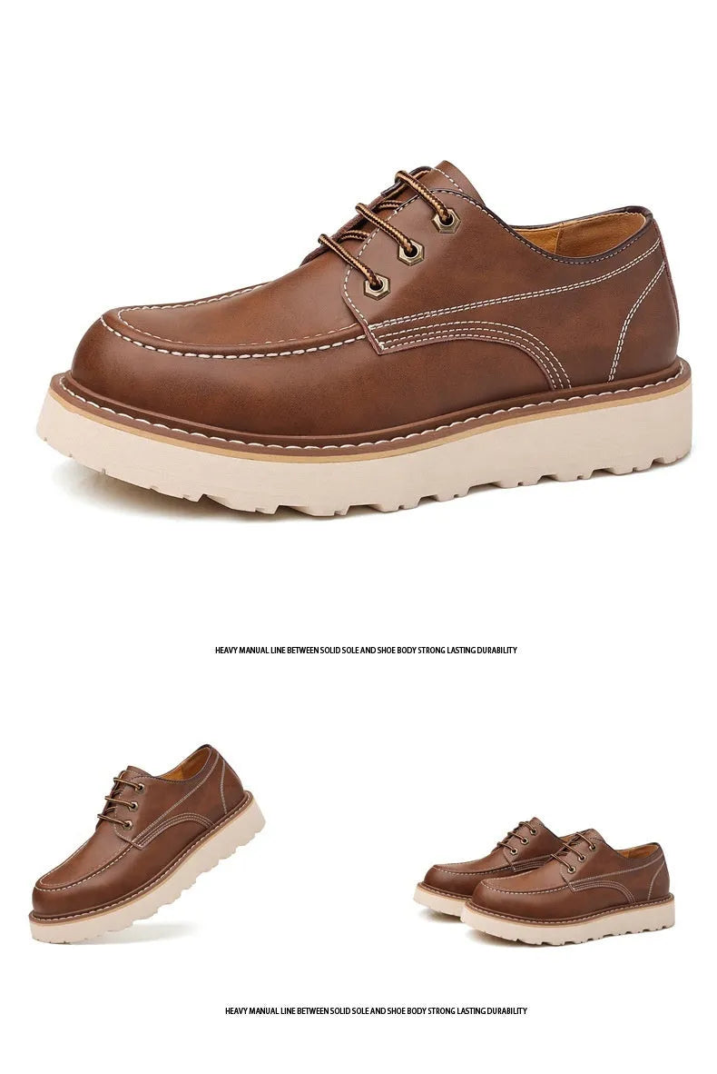 Men's black low-top Martin boots with round toe and rubber sole on a white background.