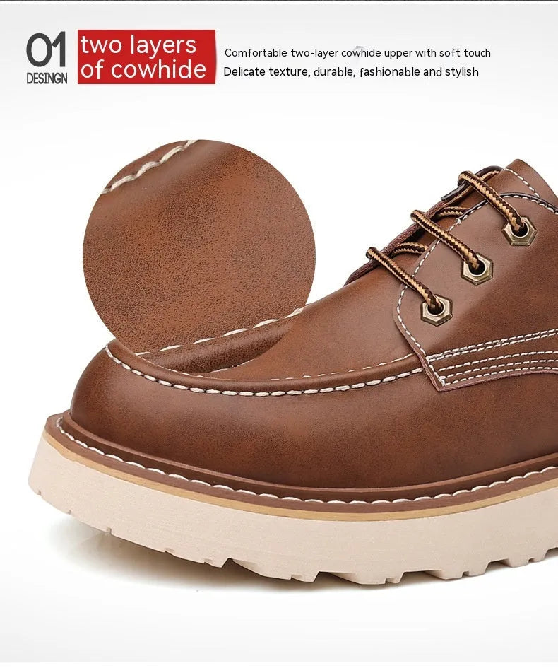 Men's black low-top Martin boots with round toe and rubber sole on a white background.