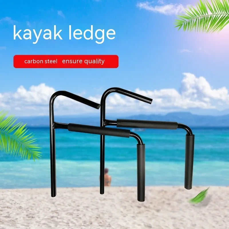 Black carbon steel kayak and surfboard wall hanger storage rack mounted on a wall.