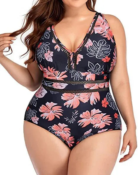 Black plus size women's swimsuit bikini with printed design and sleeveless cut
