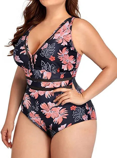 Black plus size women's swimsuit bikini with printed design and sleeveless cut