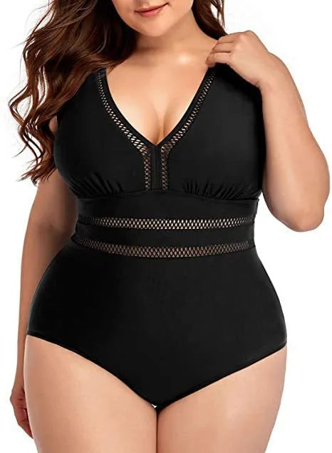 Black plus size women's swimsuit bikini with printed design and sleeveless cut