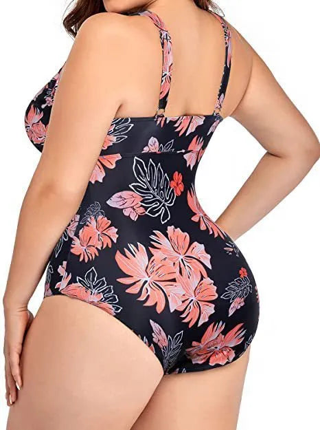 Black plus size women's swimsuit bikini with printed design and sleeveless cut