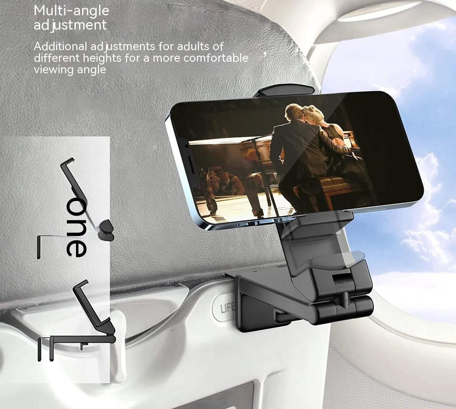Foldable rotating universal phone holder in black, shown in an open position holding a mobile phone.
