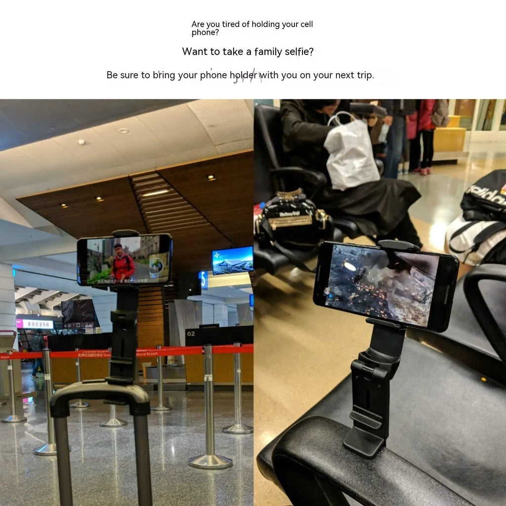 Foldable rotating universal phone holder in black, shown in an open position holding a mobile phone.