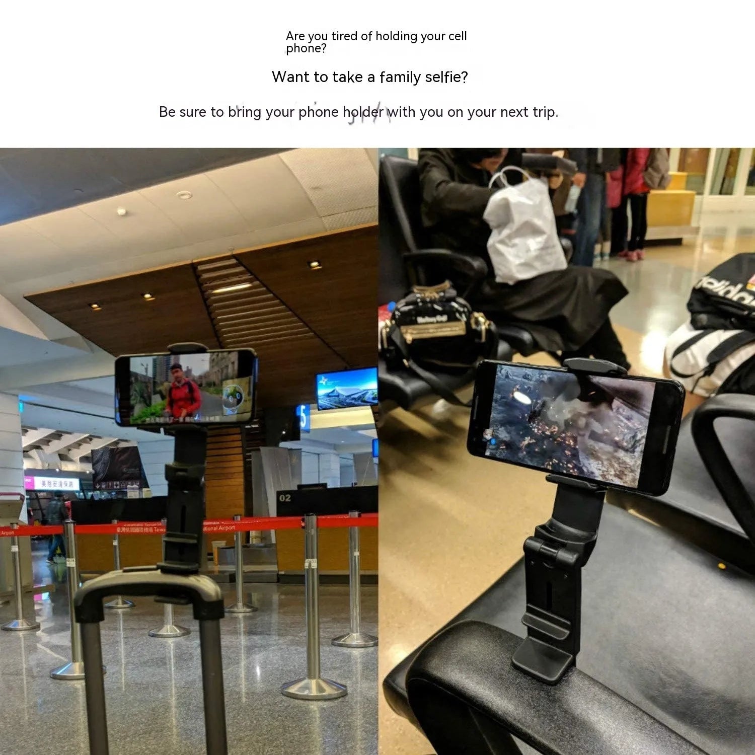 Foldable rotating universal phone holder in black, shown in an open position holding a mobile phone.